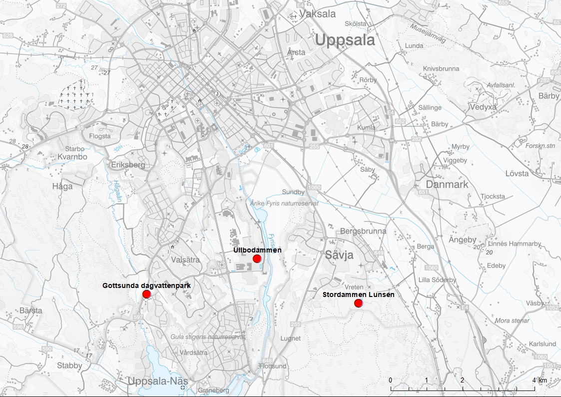 Södra delarna över Uppsala med de tre dammarna markerade. Karta.