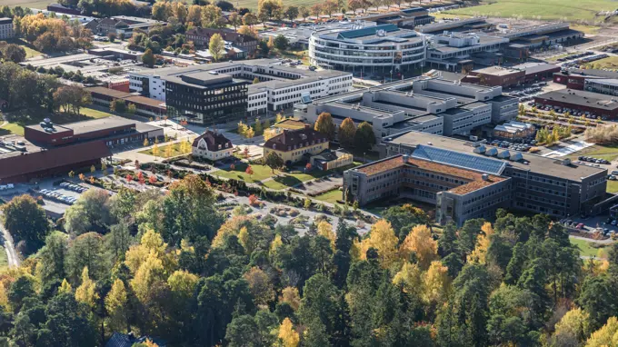 Aerial photo of SLU Uppsala, with large buildings, a park and a small wooded area in the foreground.