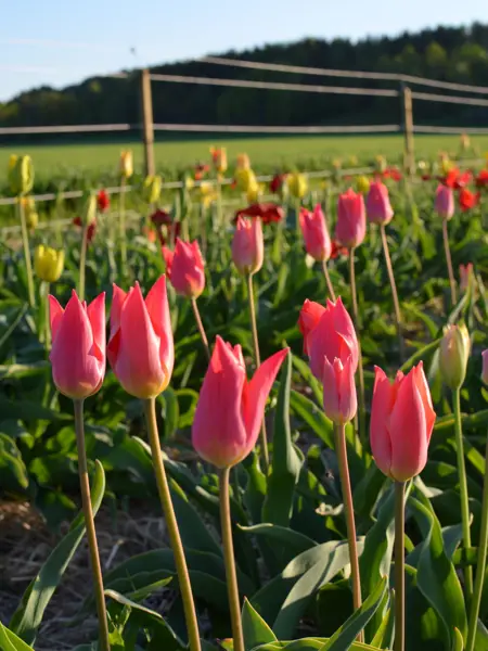 Fotot visar flera exemplar av Grönt kulturarv®s-tulpanen 'Skäret' med spetsiga blomblad på långa, smala och lätt röda stjälkar. Blomman i sig är mörkt rosa med gul botten. I bakgrunden syns både röda och gula tulpaner på rad, samt ett staket och ett grönt fält.