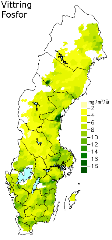 Färgglad karta över Sverige som visar årlig tillförsel av fosfor genom kemisk vittring