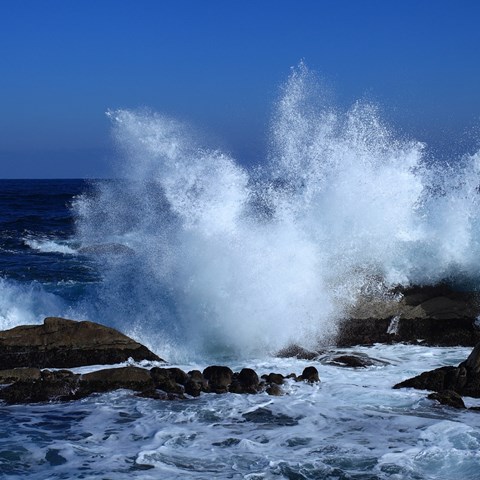 Vågor som slår in över klippor. Foto.
