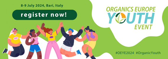 Fyra texknade människor hoppar mot en grön bakgrund. Texten: "Organics Europe Youth event, register now"