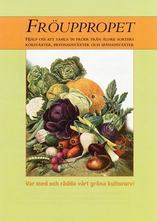 Omslaget på Fröuppropets folder. På omslaget syns en äldre färgglad illustration av rotsaker i olika färger och storlekar. 