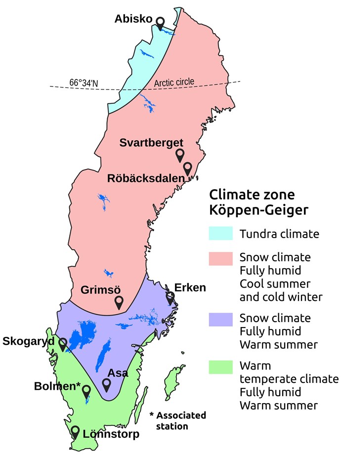 Karta över Sverige med klimatzoner och stationer utmärkta. Illustration.
