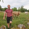 Foto: Man går i naturbetesmarker med kor i bakgrunden