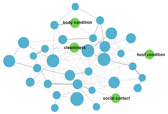 Illustration: Interconnections of pig welfare check points in a graphical model of node-wise logistic regression.