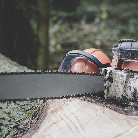Chainsaw and a helmet on a log, photo.