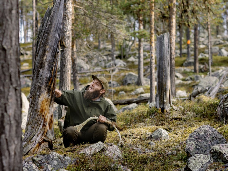 A man sitting in a forest. Photo.
