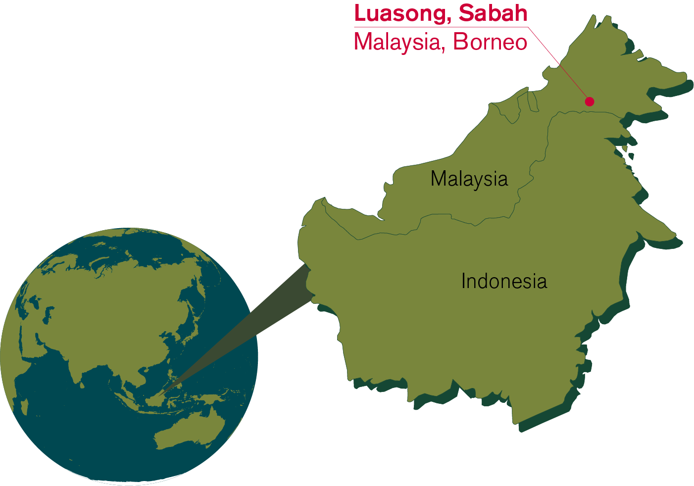 Karta som visar Malaysiska byn Luasong belägen på norra delen av ön Borneo.
