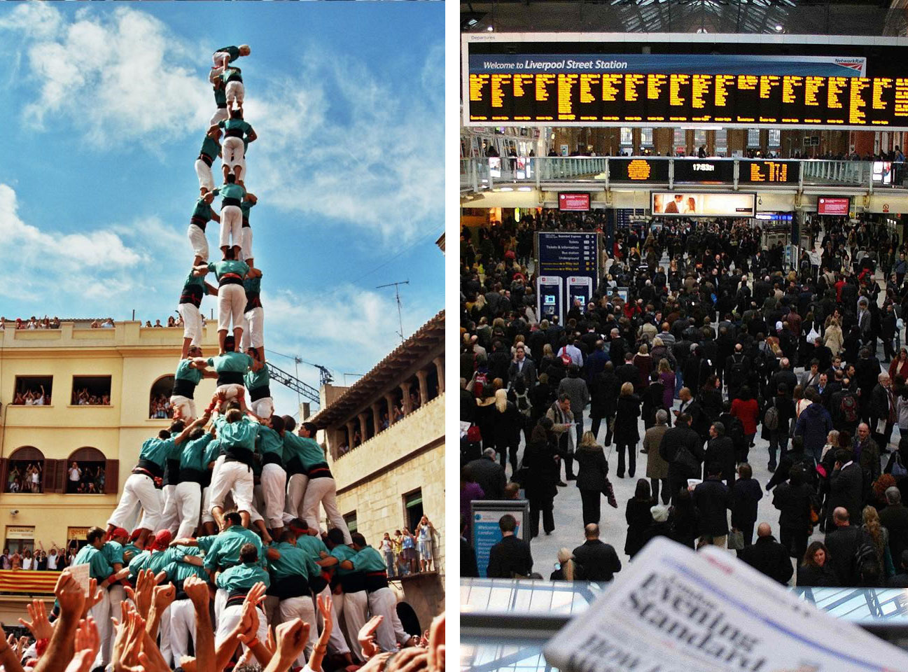 Two photos showing the Casteller human-tower to the left and Liverpool Street Station to the right.