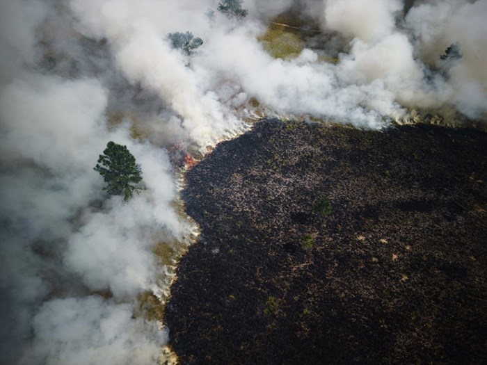 En brand i ett landskap fotat ovanifrån med en drönare. 