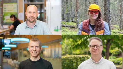 Portraits of four people, three men and one woman. Two of the pictures taken outside, two of them indoors.