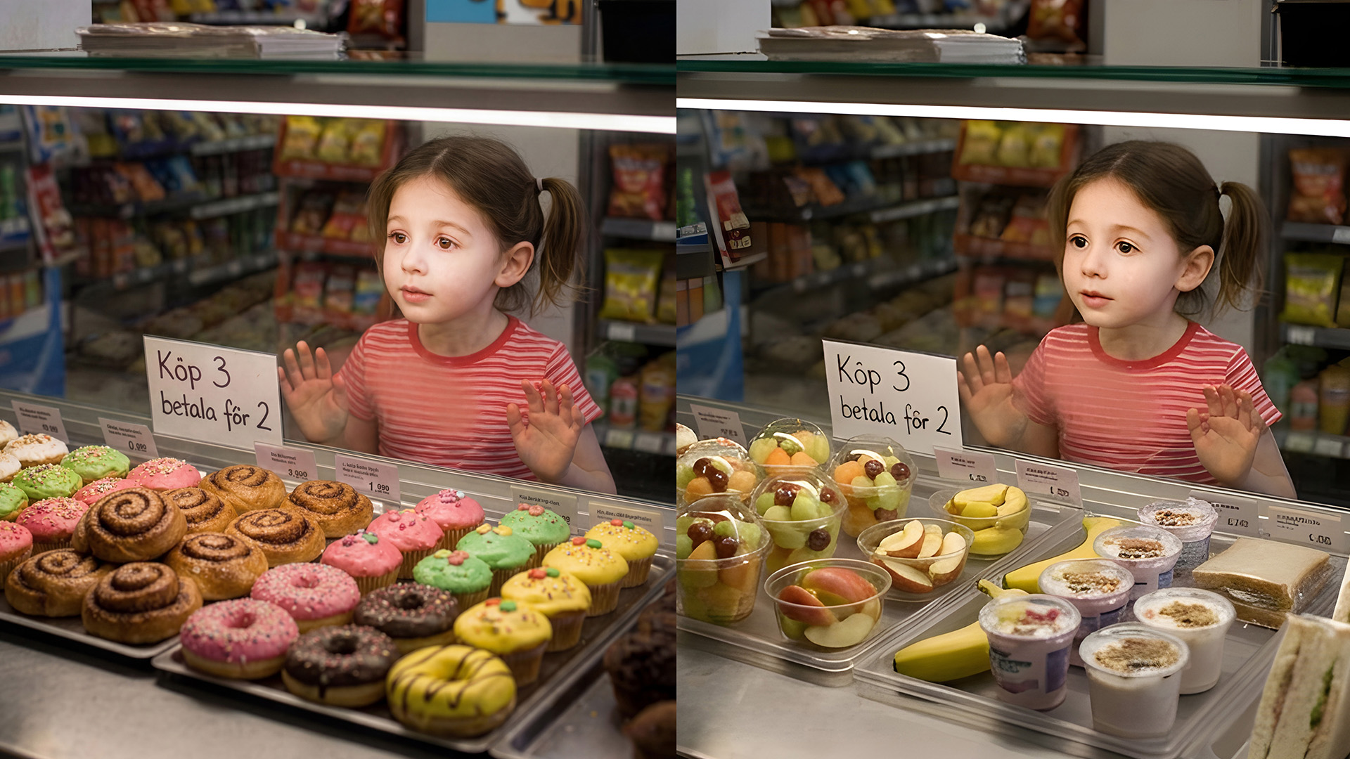 Vänstra bilden: En liten flicka står framför en disk med bullar och doughnuts med skylten "3 för 2". Vänstra bilden: En flicka står framför en disk med fruktcocktails och skylten "3 för 2".
