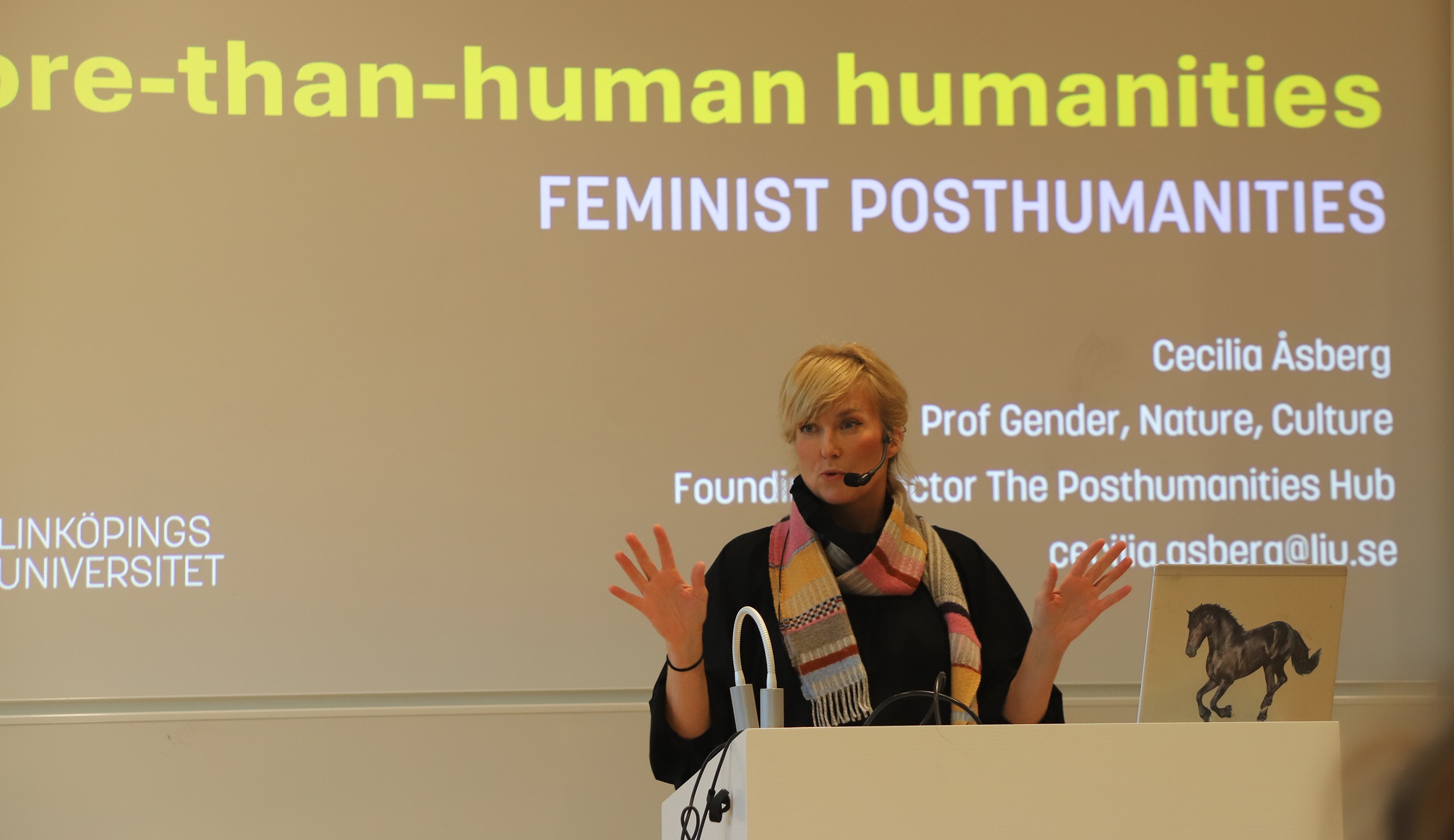 Photo of Cecilia Åsberg during the panel debate. 