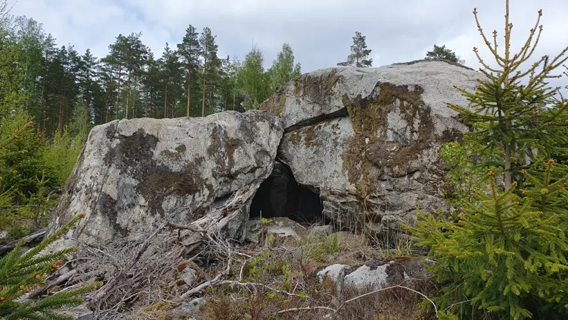 En stor klippformation med en liten grottliknande öppning i mitten. Klipporna är täckta av mossfläckar och omgivna av olika växter, inklusive små träd och buskar. I bakgrunden syns en skog med höga tallar under en molnig himmel. Foto.