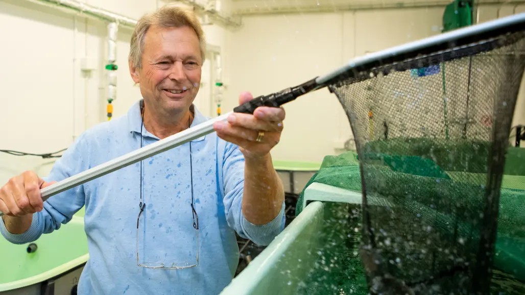 A man holds a net by a large indoor tub.