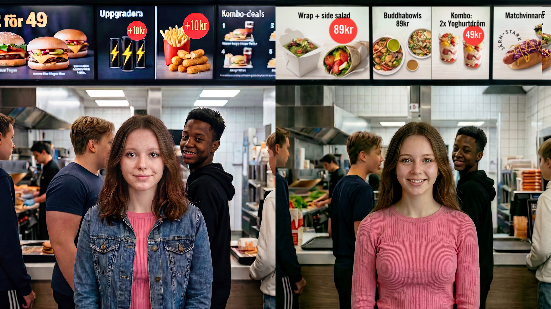 Den unga kvinnan till vänster står på en snabbmatkedja med hamburgare på menyn. Den unga kvinnan till höger står istället på en snabbmatskedja med hälsosamma meny-alternativ. Ai-genererad bild.