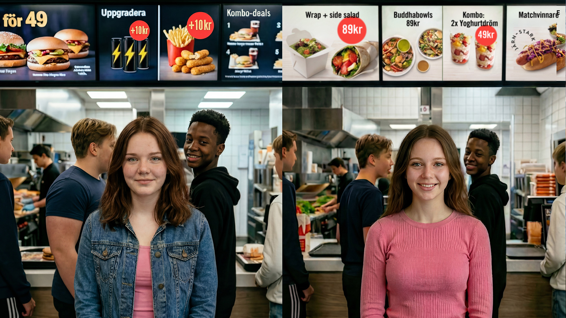 Den unga kvinnan till vänster står på en snabbmatkedja med hamburgare på menyn. Den unga kvinnan till höger står istället på en snabbmatskedja med hälsosamma meny-alternativ. Ai-genererad bild.