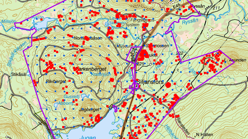The image shows a map over the Siljansfors Experimental Forest, and all experiments are marked in it