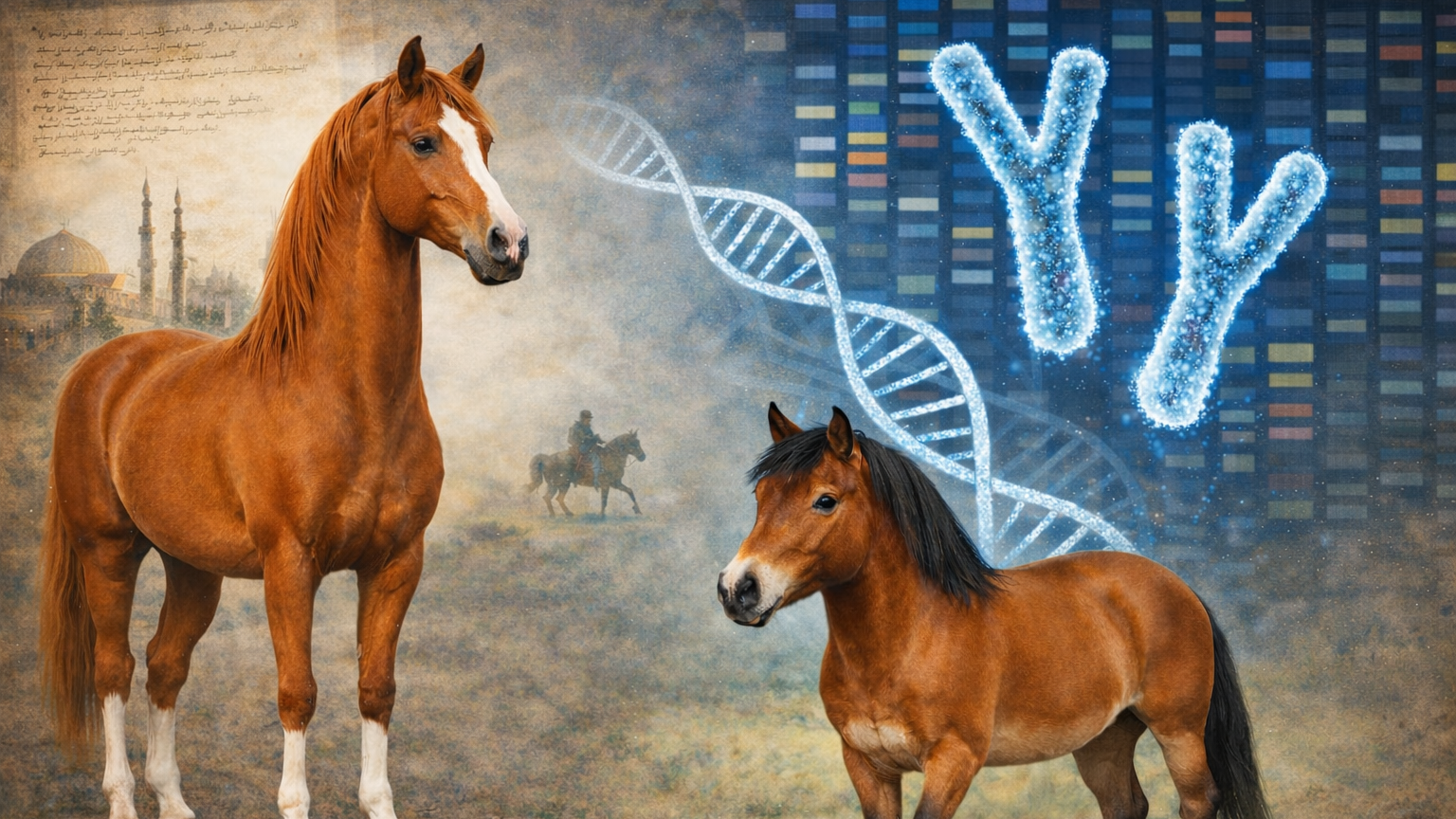 En bild på två bruna hästar, en stor med vit bläs och en mindre med mörk man. I bakgrunden syns en person som rider på en häst, en byggnad med två höga torn och en bild på en DNA-sträng och Y-kromosomer. AI-genererad bild.