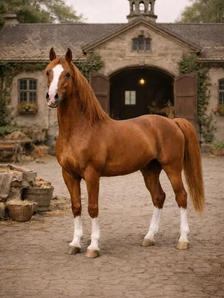 En ljusbrun häst med en vit bläs och vita strumpor står framför en gammal grå tegelbyggnad med vidöppna pardörrar. AI-genererad bild.