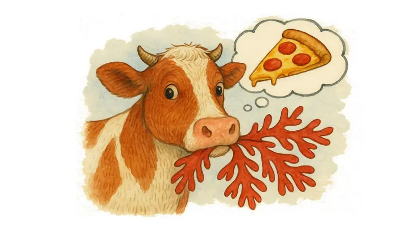 En ritad ko som tänker på pizza och har en röd alg i munnen.