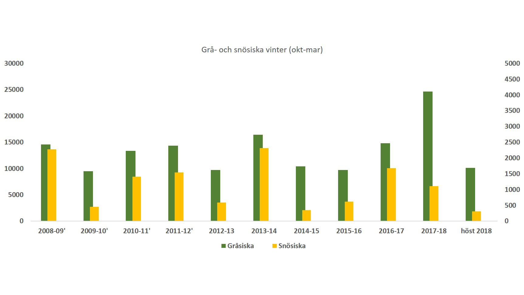 Stapeldiagram som visar antalet rapporterade snösiskor respektive gråsiskor för olika år. Diagram