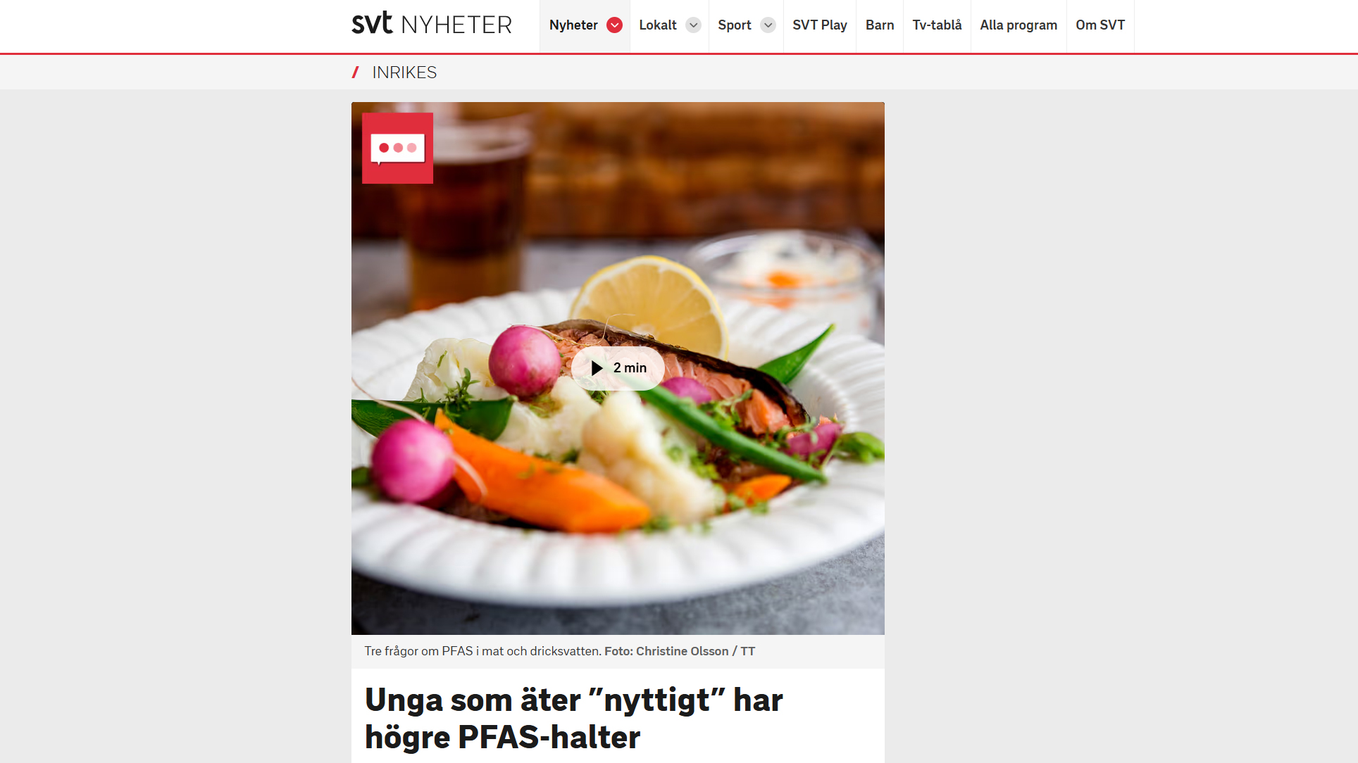 Skärmbild av en nyhetsartikel hos SVT.