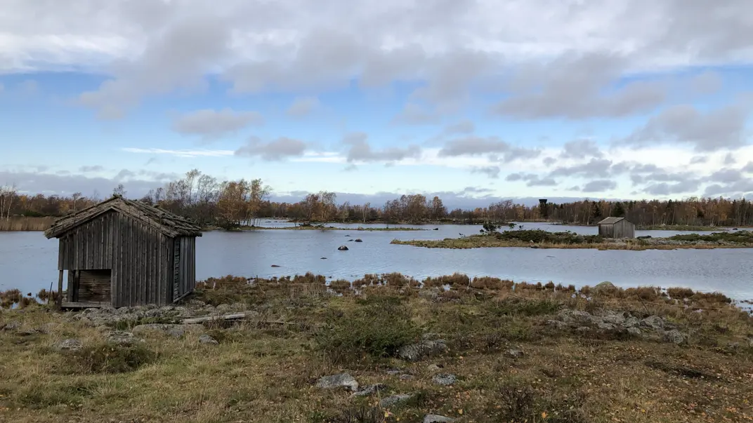 Landscape view with wood cabin