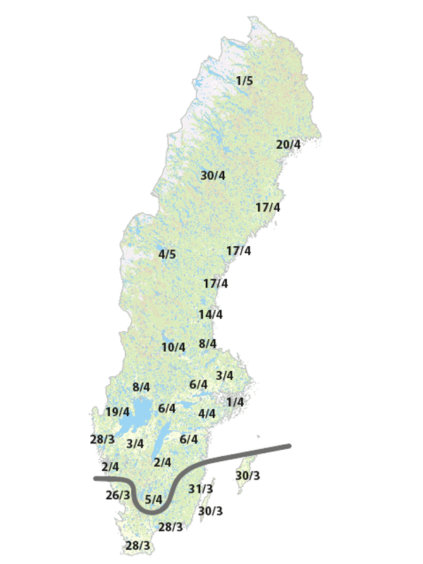 Karta över Sverige med en mängd olika datum utplacerade. Karta