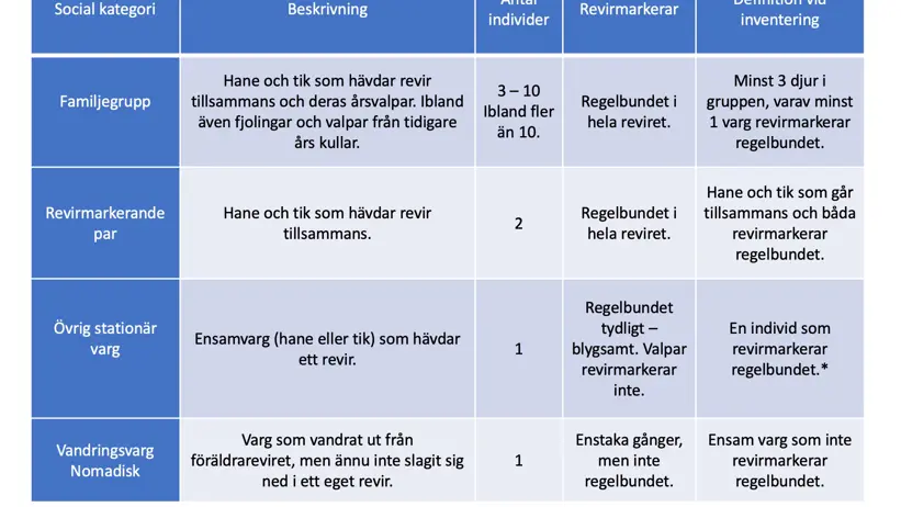 Tabellen visar sociala kategorier hos varg
