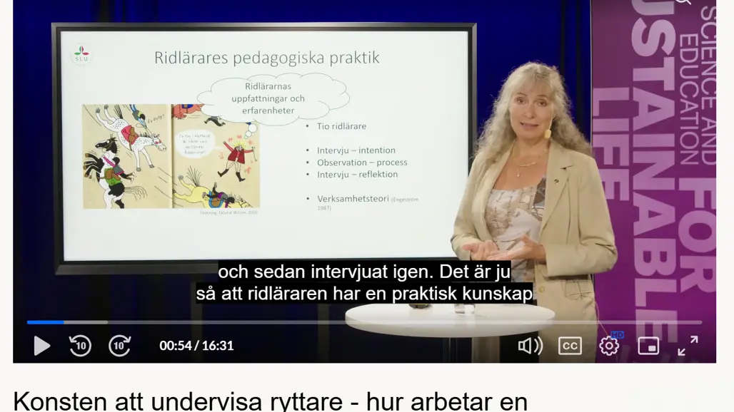 Skärmdump av hästforskare Susanne Lundesjö Kvart som föreläser om ridlärare för Hippocampus via SLU.