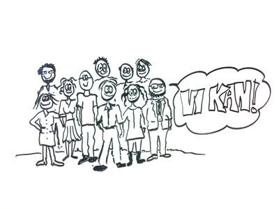 Tecknade stående personer med en pratbubbla som skrivs i sig menigen ”Vi kan!”, konst bild.