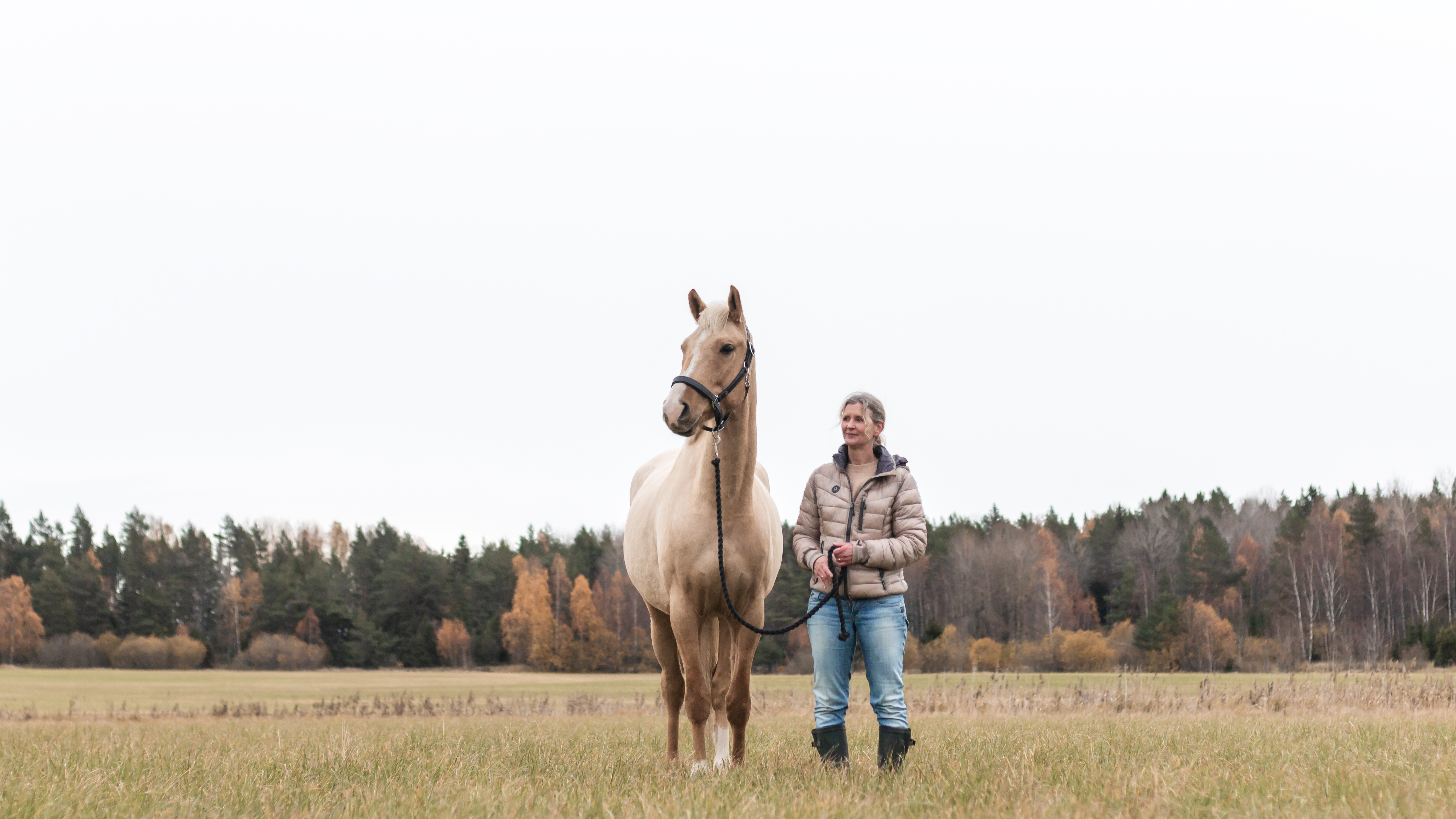 Foto av en kvinna (Åsa Gelinder Viklund) ute på en äng tillsammans med en häst.