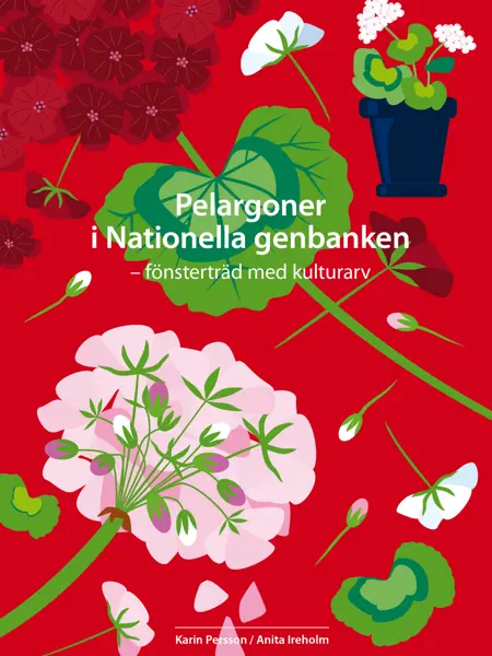Boken har ett rött omslag med tecknade vita och rosa pelargoner.