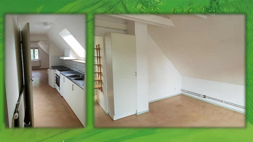 Kitchen and room interior at Mellangård.