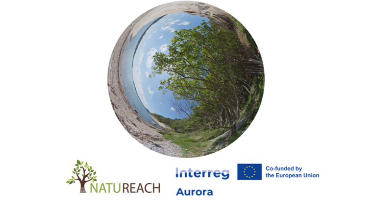 cirkulär 360-bild av strand och natureach och interreg aurora logo