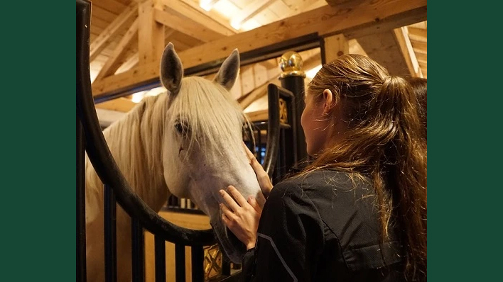 Foto av en kvinna och häst i stallmiljö inomhus.