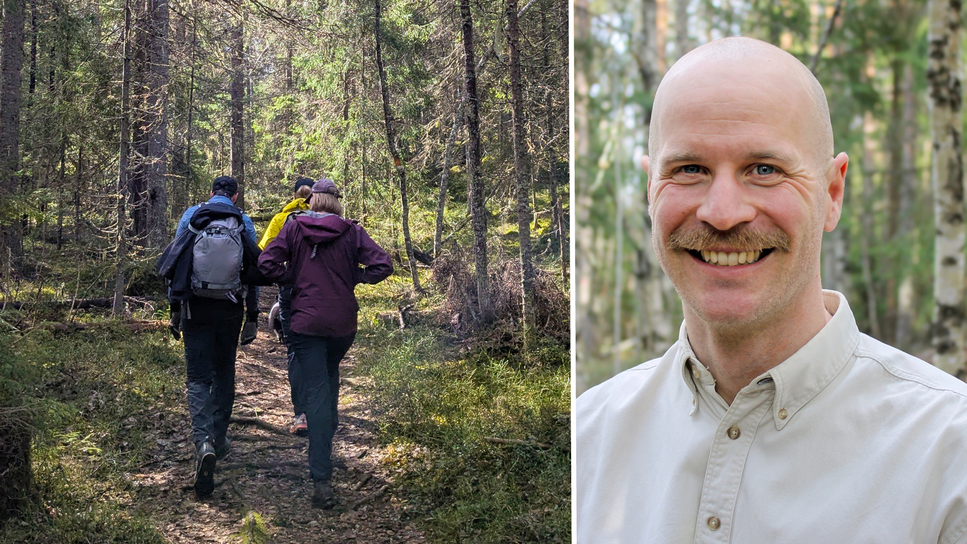 Tvådelad bild med dels människor i skog, dels porträtt på Victor Göransson.