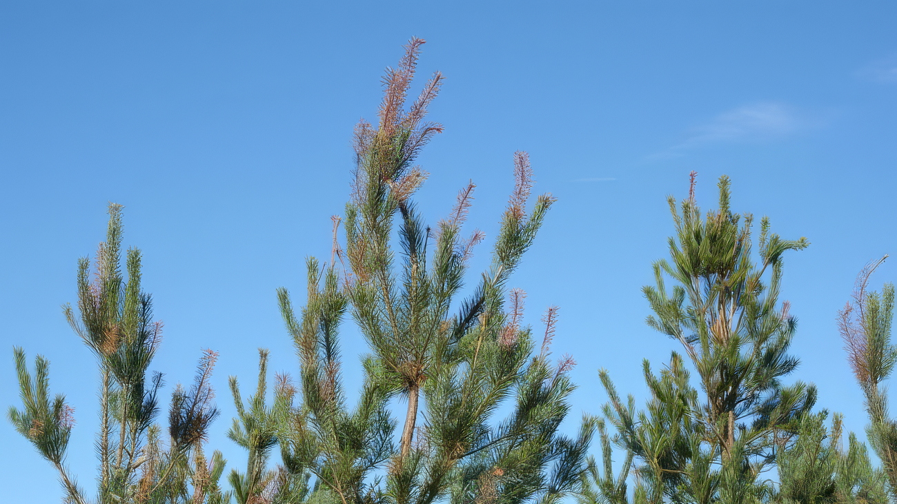 Brown pine shoots against a blue sky. Photo.