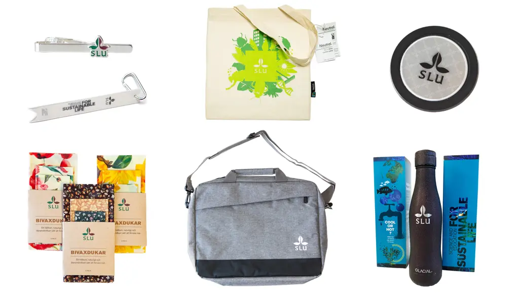 Promotional items: tie clip in white metal, beeswax cloths in a floral pattern, cycling reflex, gray shoulderbag, black thermos flask, white cotton bag with green print.