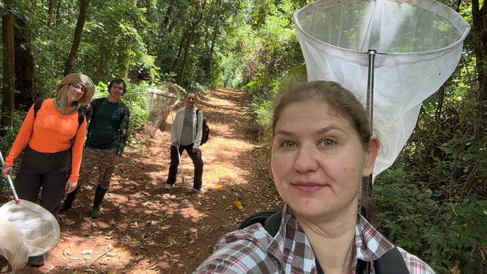 Människor med håvar i skogen.