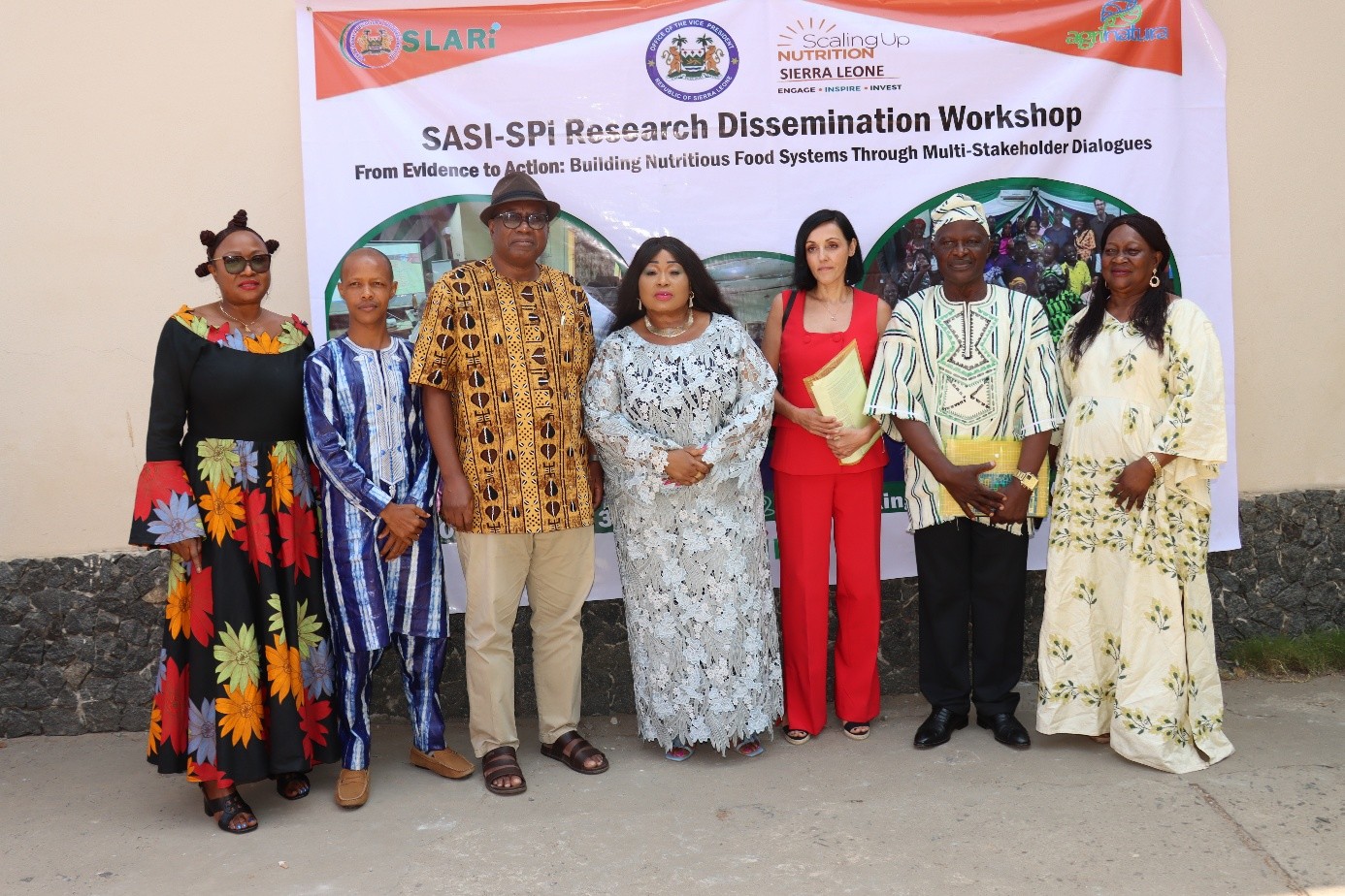 From the left to right: Dr Aminata S. Koroma, Advisor, Ministry of Health, Dr Sulaiman Sowe, Senior NFS Adviser, Irish Embassy, Prof Abdulai Jalloh, Chief Agriculture Officer, Ministry of Agriculture and Food Security, Hon. Madam Manty Tarawalli, Minister of State, Office of the Vice President, Madam Monica Gonzalez, Programme Officer, Delegation of the European Union to Sierra Leone, Hon. Mr Sahr Hemore, Deputy Minister II, Ministry of Agriculture and Food Security, Madam Nenebah Jalloh, National Coordinator, SUN&FSCU. Photo: Mr Sahr/Office of the Vice President