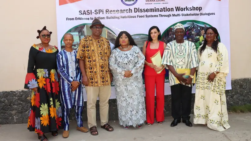 From the left to right: Dr Aminata S. Koroma, Advisor, Ministry of Health, Dr Sulaiman Sowe, Senior NFS Adviser, Irish Embassy, Prof Abdulai Jalloh, Chief Agriculture Officer, Ministry of Agriculture and Food Security, Hon. Madam Manty Tarawalli, Minister of State, Office of the Vice President, Madam Monica Gonzalez, Programme Officer, Delegation of the European Union to Sierra Leone, Hon. Mr Sahr Hemore, Deputy Minister II, Ministry of Agriculture and Food Security, Madam Nenebah Jalloh, National Coordinator, SUN&FSCU. Photo: Mr Sahr/Office of the Vice President
