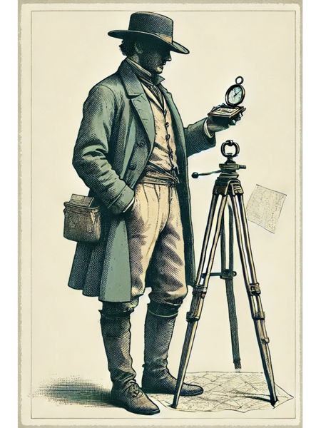 Illustration av en lantmätare i äldre kläder som håller en kompass bredvid ett stativinstrument.