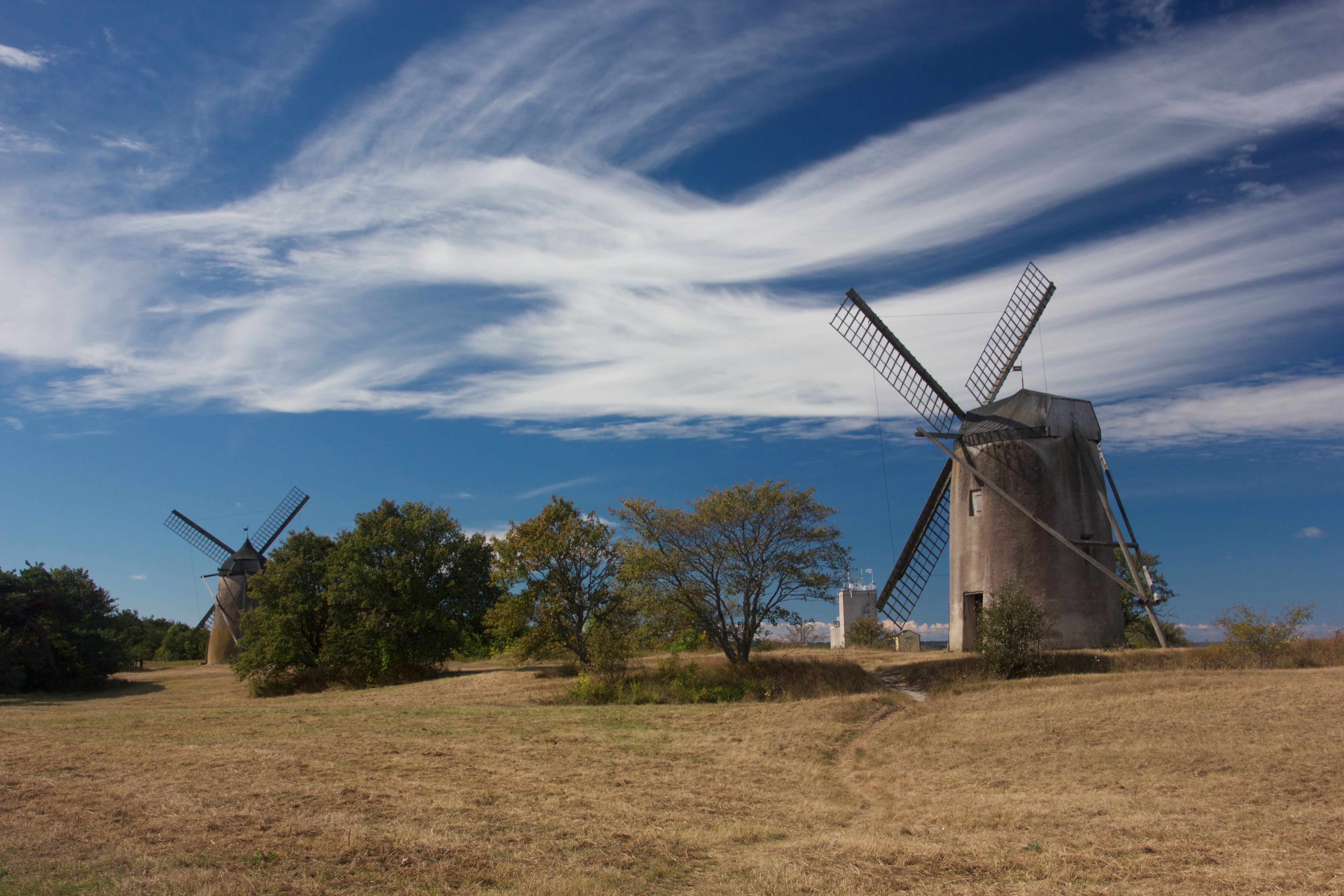 Väderkvarnar på Gotland under dramatisk himmel, gräset runt om är torrt. Foto.