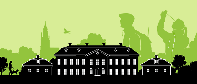 Illustration i gröna och svarta toner av en herrgårdsliknande byggnad i mitten, flankerad av två mindre byggnader. I bakgrunden syns silhuetter av två friluftsaktiviteter, en person med ryggsäck och en person som fiskar, samt träd, ett kyrktorn och ett flygplan. Motivet förmedlar natur, utbildning och friluftsliv i landsbygdsmiljö. Illustration.