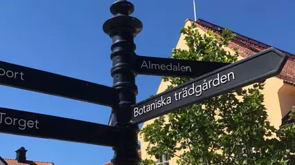 En skylt i Visby pekar mot Almedalen. Foto: Shutterstock.