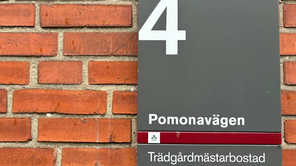 En skylt med adressen Pomonavägen 4 sitter på en vägg av rött tegel.