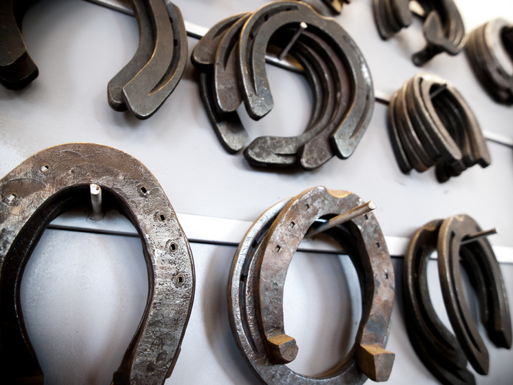 Horseshoes hanging from nails on a wall.